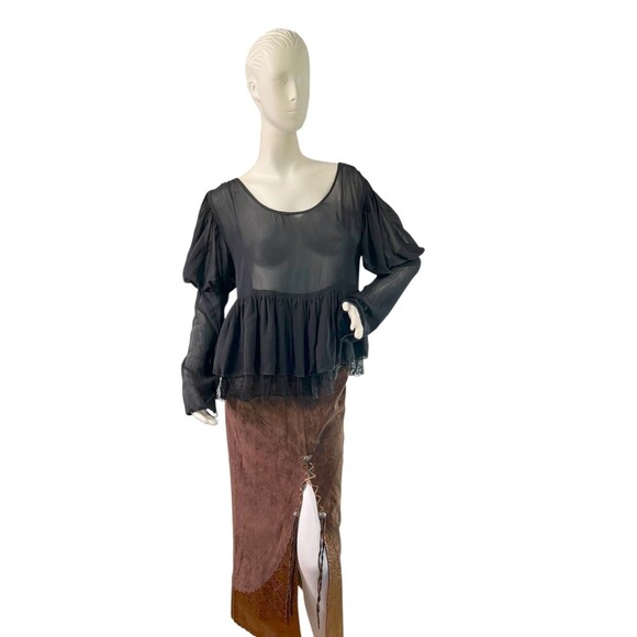 Marrika Nakk Black Sheer Chiffon & Lace Peasant Blouse Puff Sleeve Ruffled Hem M - Picture 6 of 8